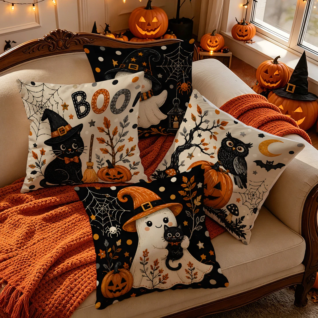 Cartoon Ghost Black Cat Halloween Cushions Pillowcase Polyester Cushion Cover Throw Pillow Pillowcover Home Car Sofa Decor