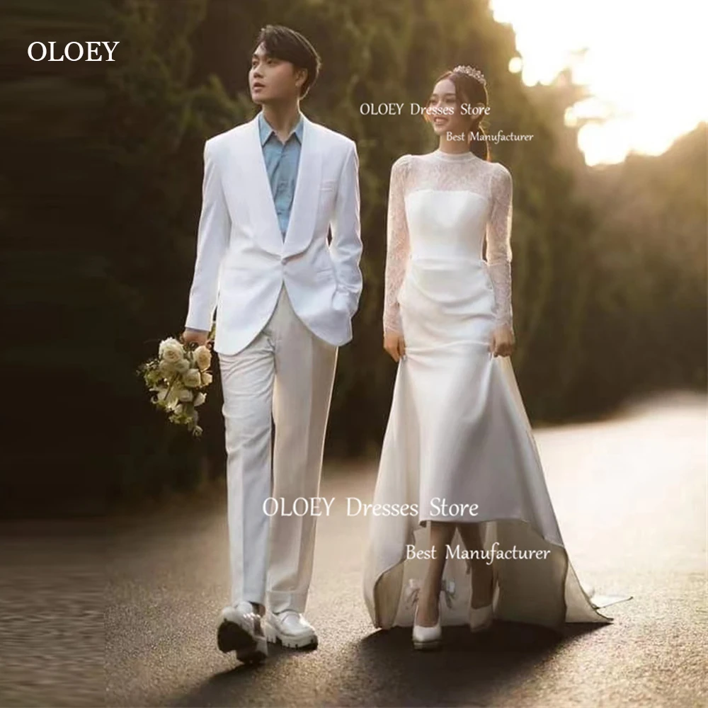 

OLOEY Elegant A Line Korea Wedding Dresses Lace Long Sleeves High Neck Floor Length Bridal Gowns Bride Dress Photo shoot