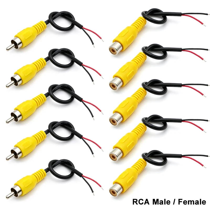 10Pcs RCA Male / Female to Bare Wire Open End Pigtail Audio Video Connector RCA Plug Socket Extension Wires Connectors 15CM