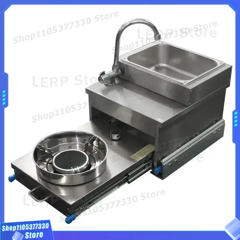 Stainless Steel RV Kitchen Sink With Gas Stove Slide Out Design For Camper Caravan Motorhome Compact Cooking Station Slide