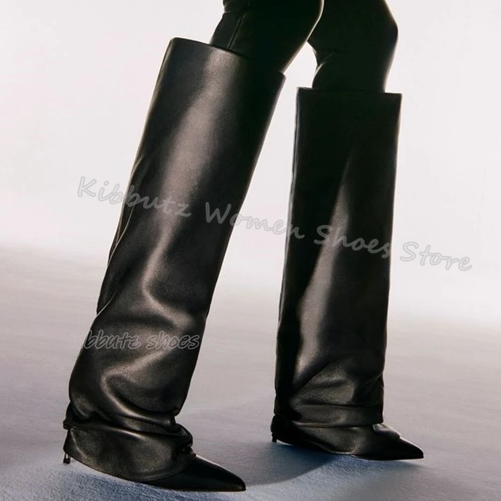 

Turned-Over Edge Boots Genuine Leather Solid Color Slip-On Pointed Toe Thin Heels Fashion Elegant Sexy Concise Women Shoes New