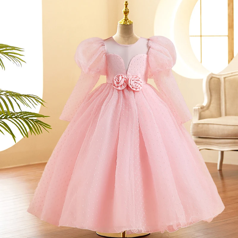 Summer Long Sleeve Kids Party Dress For Girls Children Costume Lace Princess Dresses Girl Party Yellow Dress Birthday Gown