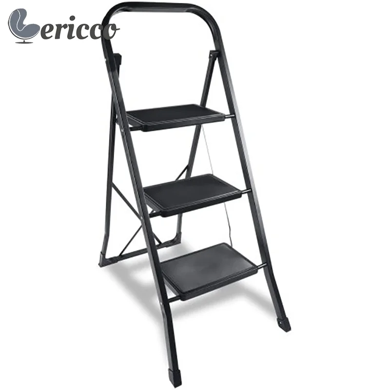 GERICCO Ladder 3 Step Sturdy Black Steel Ladder Portable Folding Step Ladder with Wide Anti-Slip Pedal for Kitchen Home Outdoor