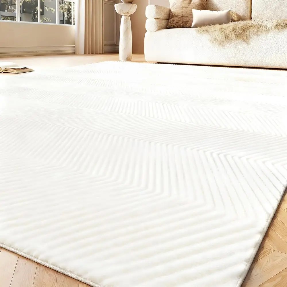 

4x6 Modern Geometric Wave Faux Rabbit Fur Area Rug, Light Beige for Living Room and Bedroom