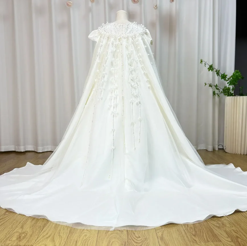 Luxury White Satin Arabic Wedding Girls Dress Beaded Pearls Satin Princess Kids Birthday Party Long Gown First Communion Dress