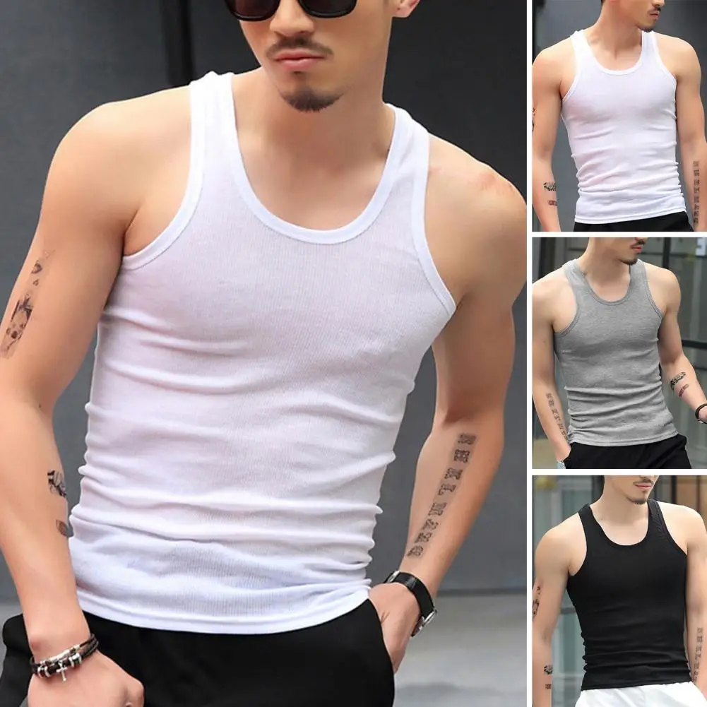 Men Tank Tops Fitness Gym Workout Undershirt O-neck Sleeveless Solid Color Slim Fit Fitness Undershirt Bodybuilding Running Vest