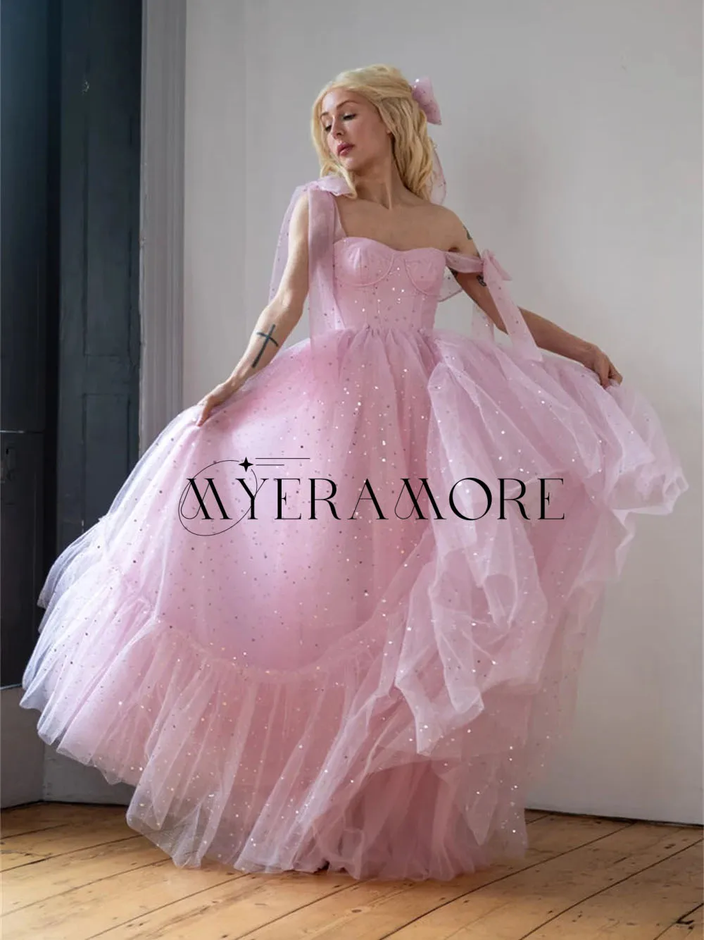 

Fashion Pink Shiny Evening Dresses Tulle A-Line Bow Ruffle Birthday Party Prom Gowns Customized robes de soirée