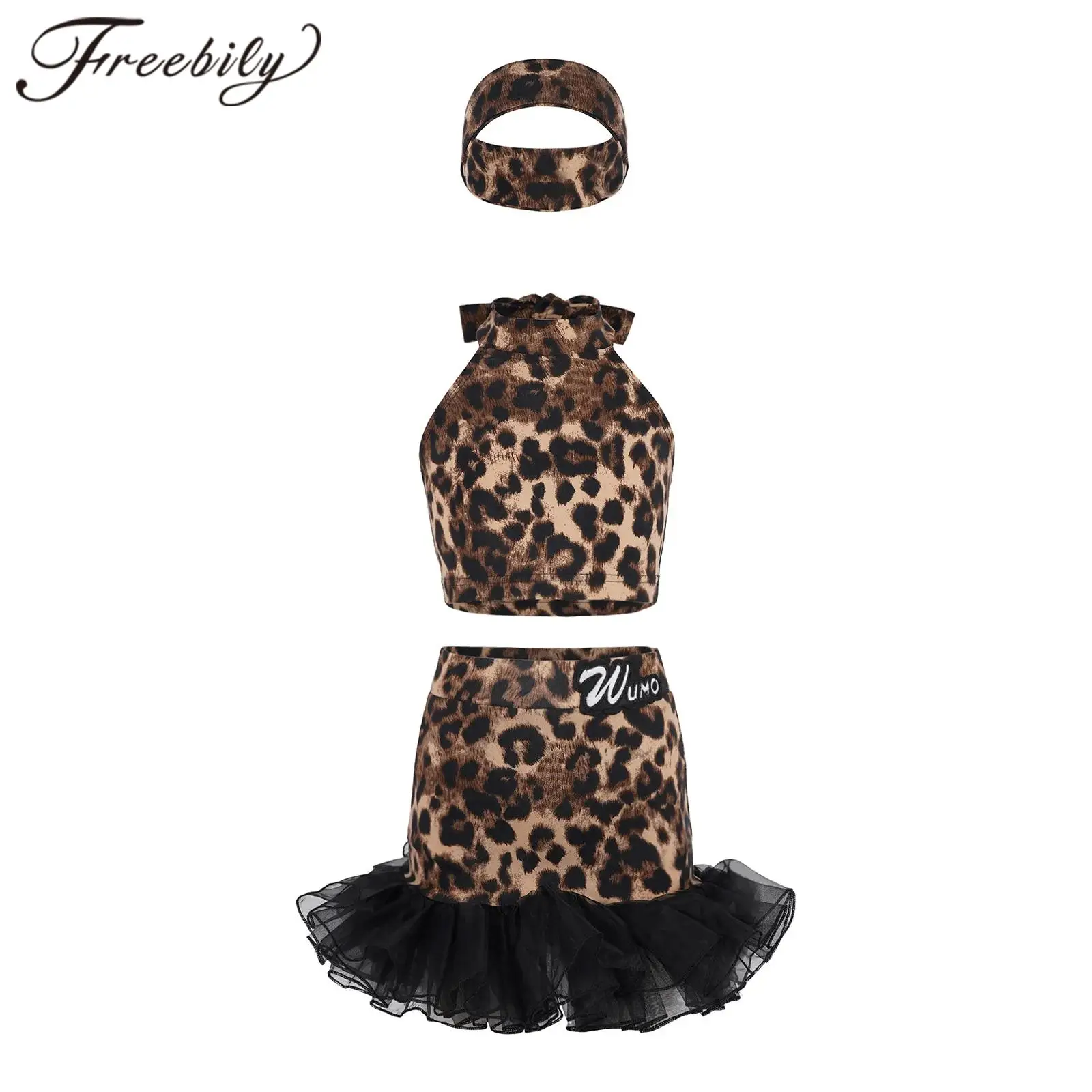 Kids Sleeveless Crop Top with Ruffle Skirt Suits for Girls Leopard Print Latin Dance Practice Wear Rumba Cha Cha Tango Outfit