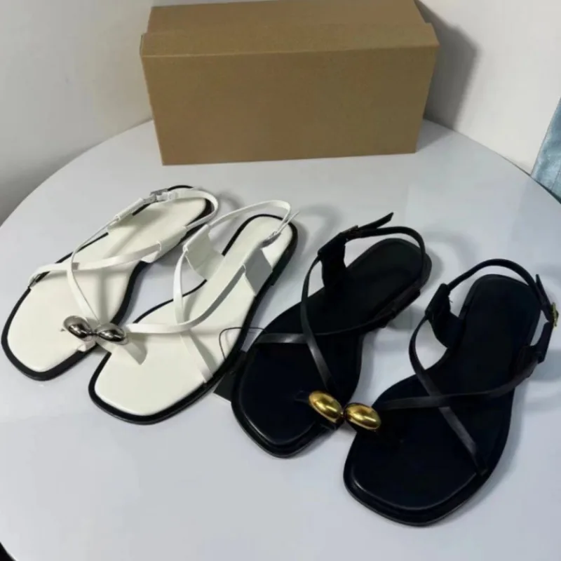Cross Strap 2025 Summer Women's Flat Sandals Brand Designer Metal Decoration Ladies Footwear Casual Clip Toe White Beach Shoes - Image 5