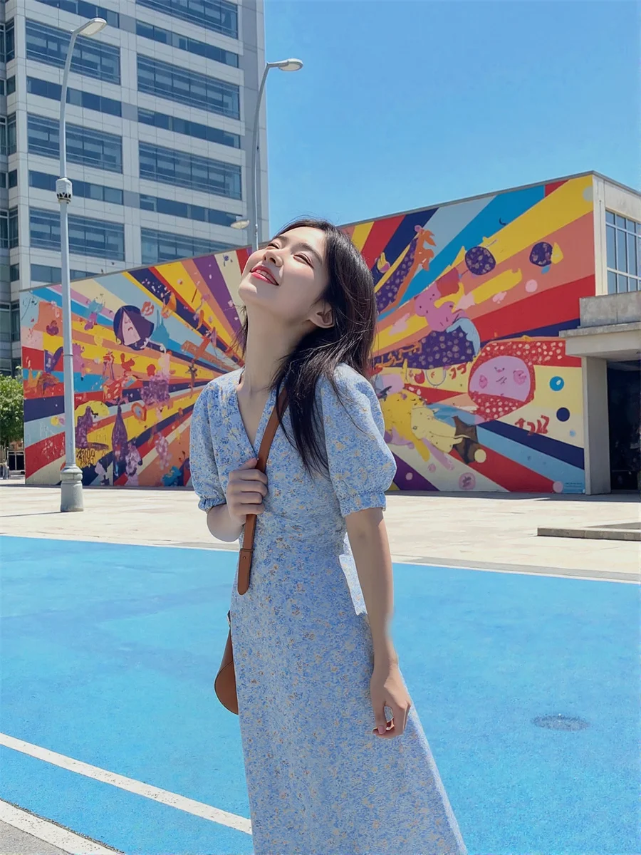 Blumiges Drapiertes Puffärmel-Kleid Damenmode Winter Schnürung Meerjungfrau Tanzkleid Hochwertig Einfarbig Stehkragen One-Line Chic