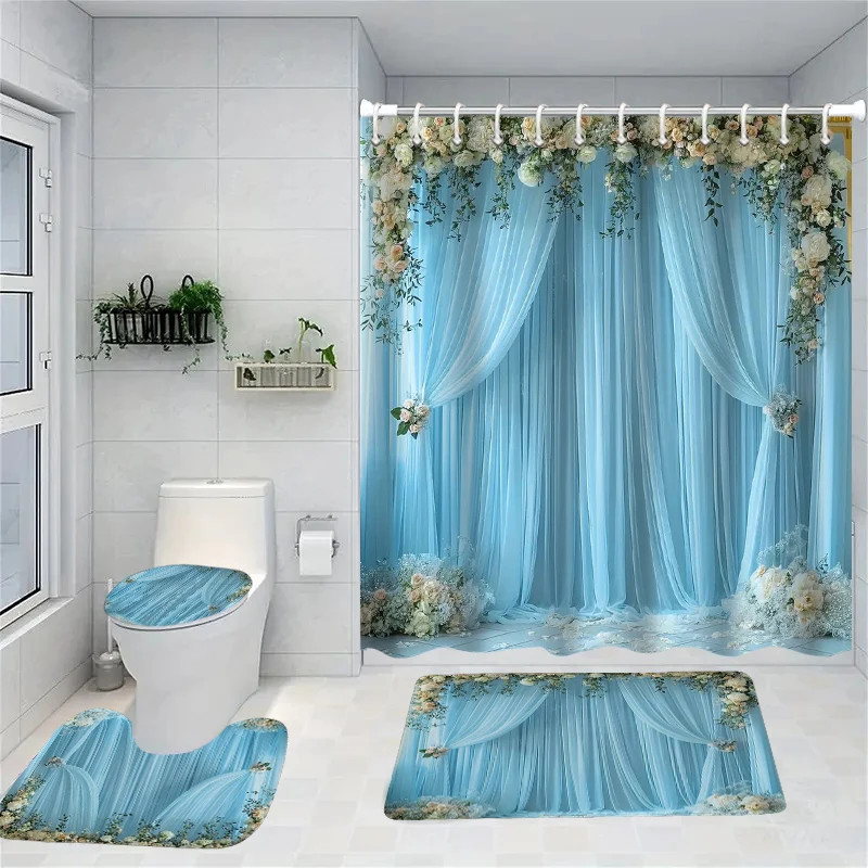 

2D gauze curtain printing Pattern Shower Curtain Bath Sets Waterproof Non-Slip Bathroom Rug Toilet U With 12 Hooks Home Deco