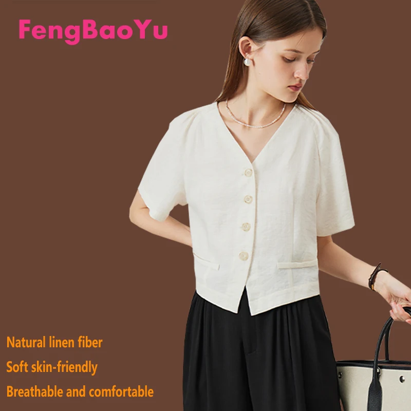

Fengbaoyu Natural Linen Women's Shirt Short Sleeve V-Neck Top Elegant Business Casual Clothing Spring Summer
