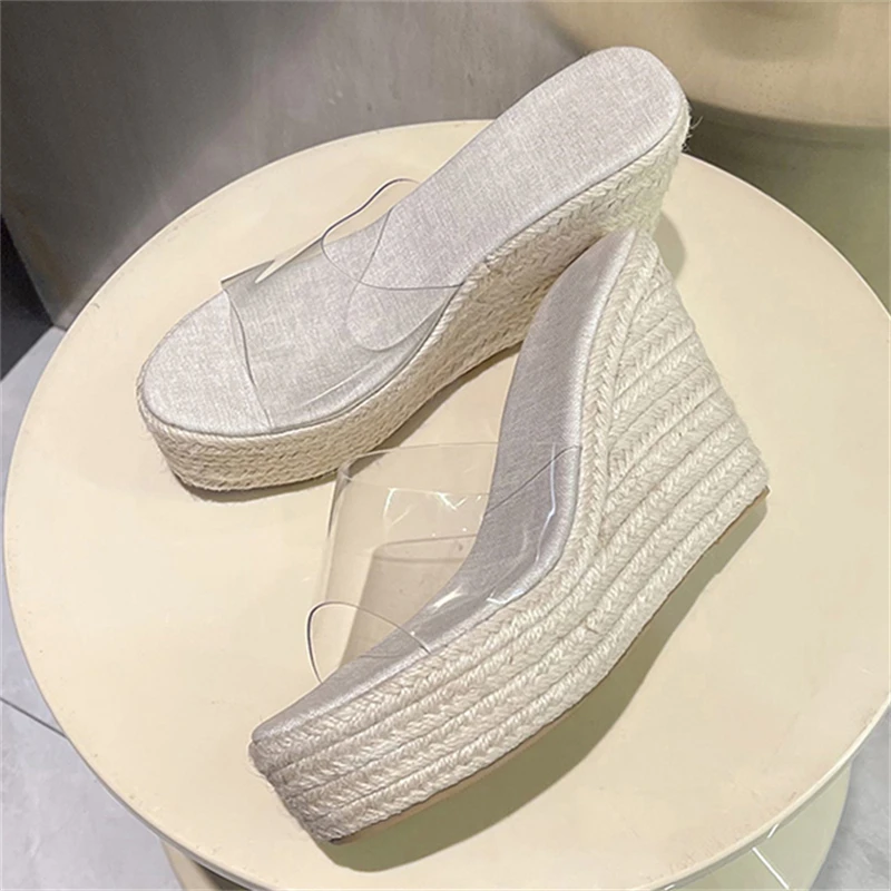 Eilyken Design Style Hemp Weave Open Toe Platform Wedges Women Slippers Summer PVC Transparent High Heels Slide Shoes view 4