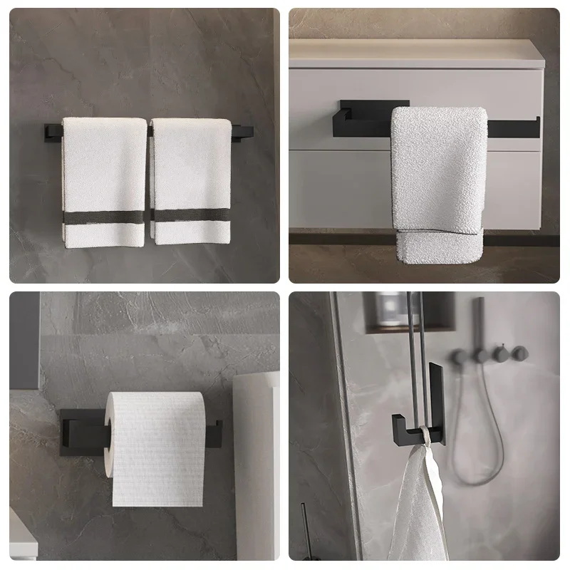 Black Bathroom Hardware Set Self-sticking, Robe Hook Towel Rail Bar Towel Bar Paper Holder Accessories Set without Nails