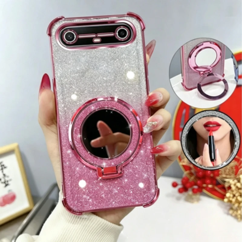 Four Corners Shockproof Glitter Case for Tecno Spark Slim Magnetic Mirror Holder Silicone Case for Tecno Pova Slim Stand Shell