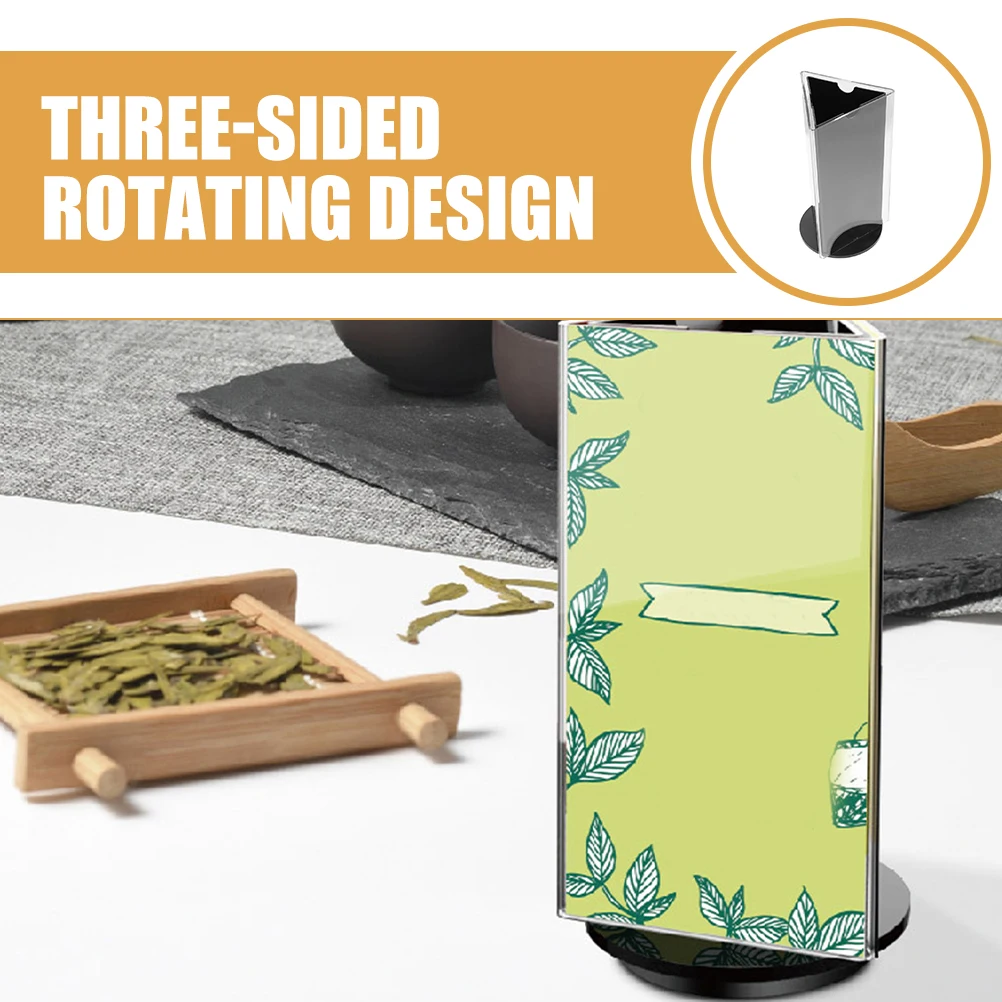 

Rotating Menu Display St Clear Acrylic Three Sided Design Table Price Tag Poster Holder for Restaurant Cafe Office Hotel Menu