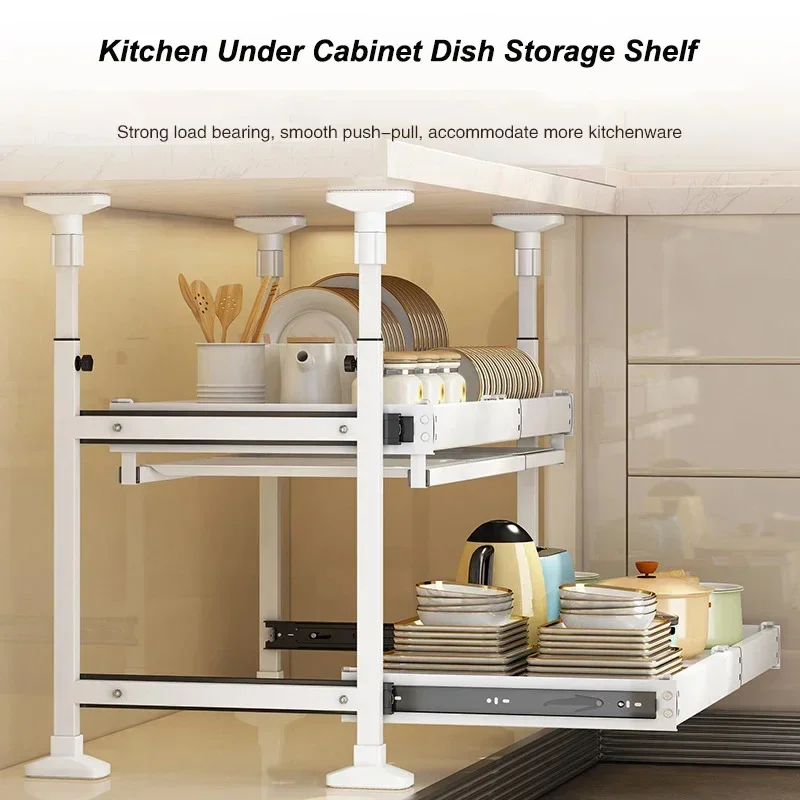 Kitchen Under Cabinet Dish Storage Rack Multifunctional Recessed Spice Bottle Pot & Bowl Organizer Layered Push Pull Draw