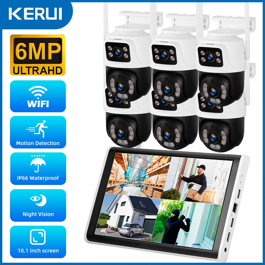 KERUI 8CH Draadloze 10.1 inch LCD Monitor NVR Kit 6MP WIFI IP Dual Lens Home Security Camera Systeem Surveillance Video recorder