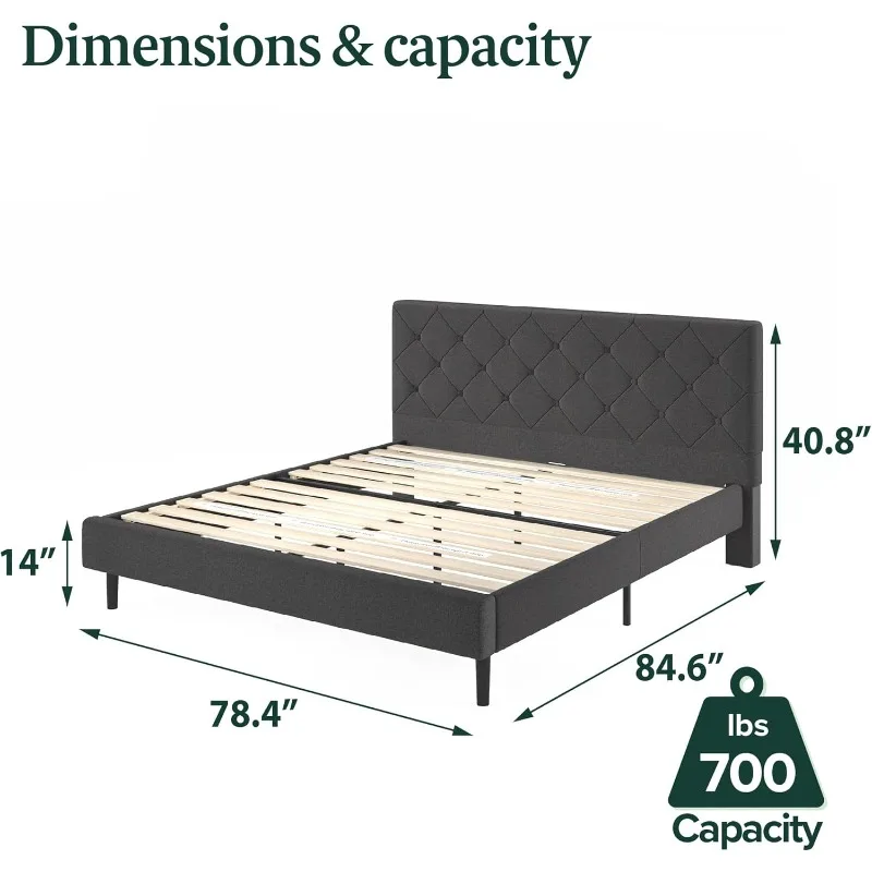 King Szie kerangka tempat tidur Platform berlapis kain dengan Headboard, penyangga Slat kayu, tidak memerlukan kotak pegas, perakitan mudah, abu-abu gelap