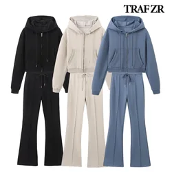 TRAF ZR 2024 Autumn Two Piece Outfits Women Pant Sets Interlock Cropped Sweatshirt Sets Front Pronounced Seam Flare Pants