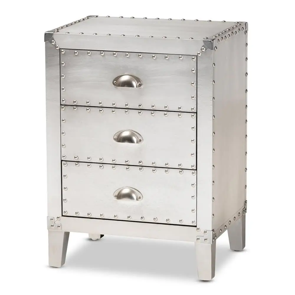 Silver 3-Drawer Nightstand, Industrial Rivet Metal Frame, Bedroom Living Room Side Table, 24.8x17.7x13.8in, Customized