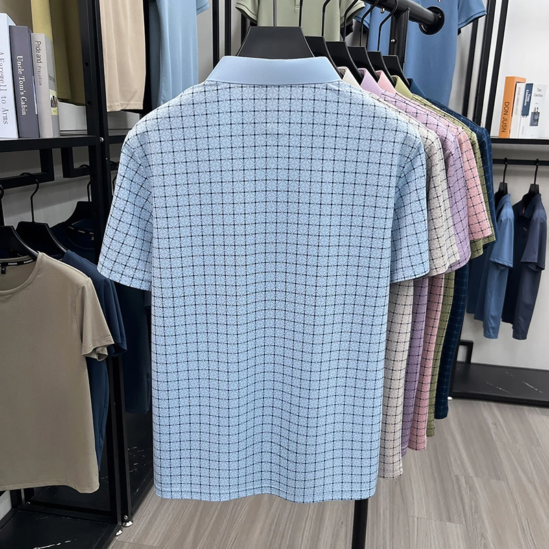 Herren Kurzarm-Poloshirts mit Diamant-Jacquardmuster, klassische Passform, lässige Oberteile, weiche, bequeme, modische Hemden für Männer – Detail 16