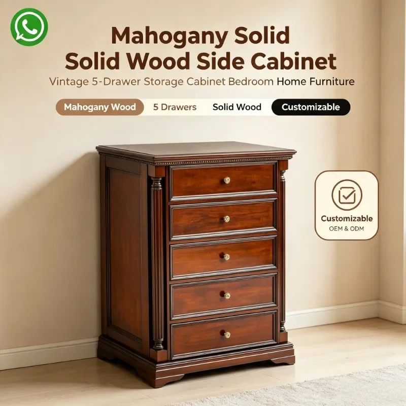 Vintage American Walnut Wood 5‑Drawer Chest Cabinet, Solid Wood Storage Side Dresser for Bedroom Living Room Household