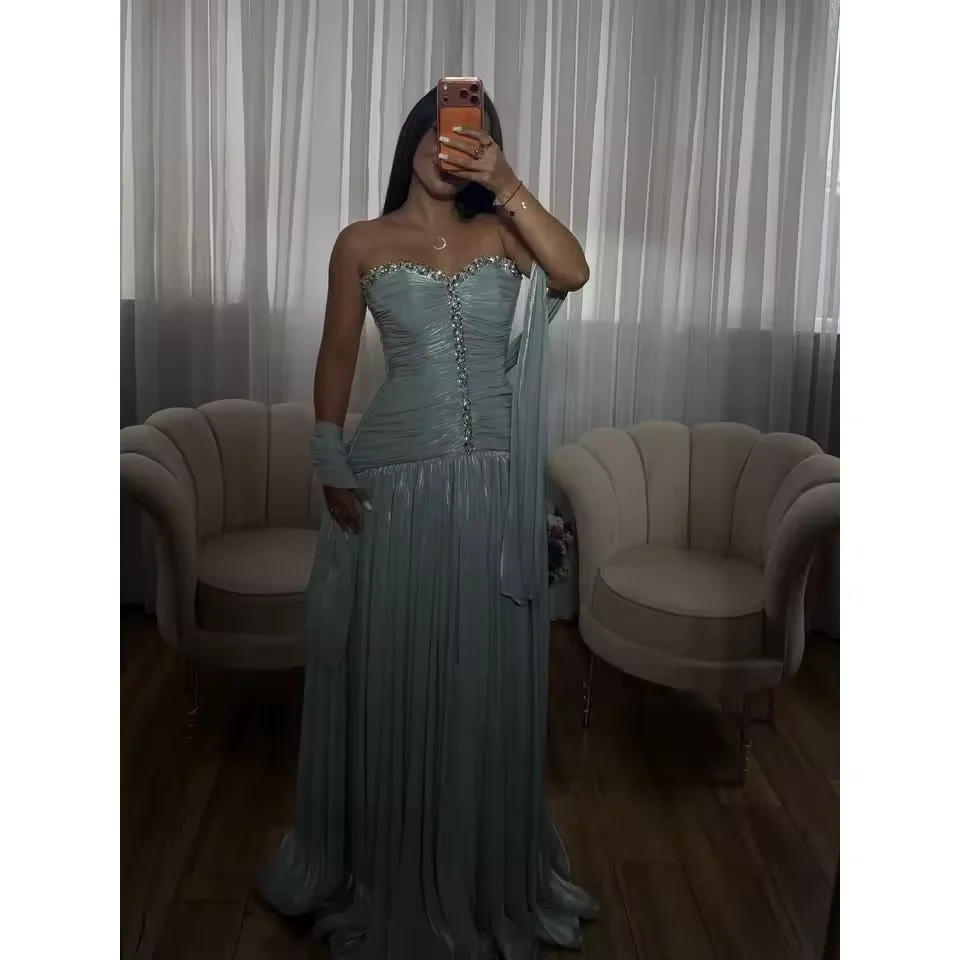 Customized Sweetheart Sleeveless Prom Dress Blue A-Line Crystal Embellishments Party Dress Formal Dubai Arabian Evening Dress