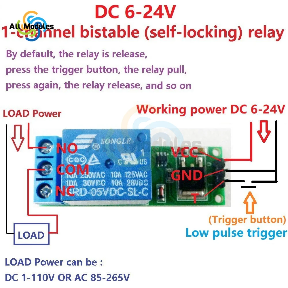 6-24V 1 Channel Relay Module Flip-Flop Latch Relay Bistable Self-locking Low Pulse Trigger Module