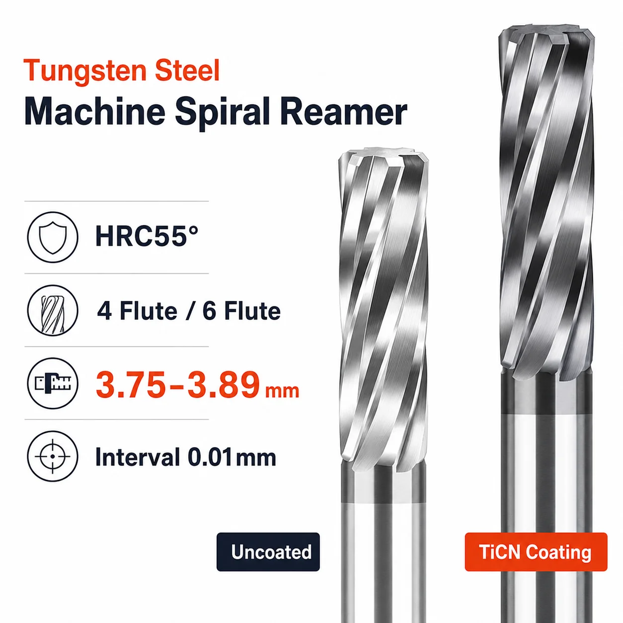 3,75-3,89mm Hartmetall-Spiralreibahle 4-schneidig CNC-Maschinenreibahle Schneidwerkzeug Metallschneider Beschichteter Stahl 3,76/3,77/3,81/3,85mm