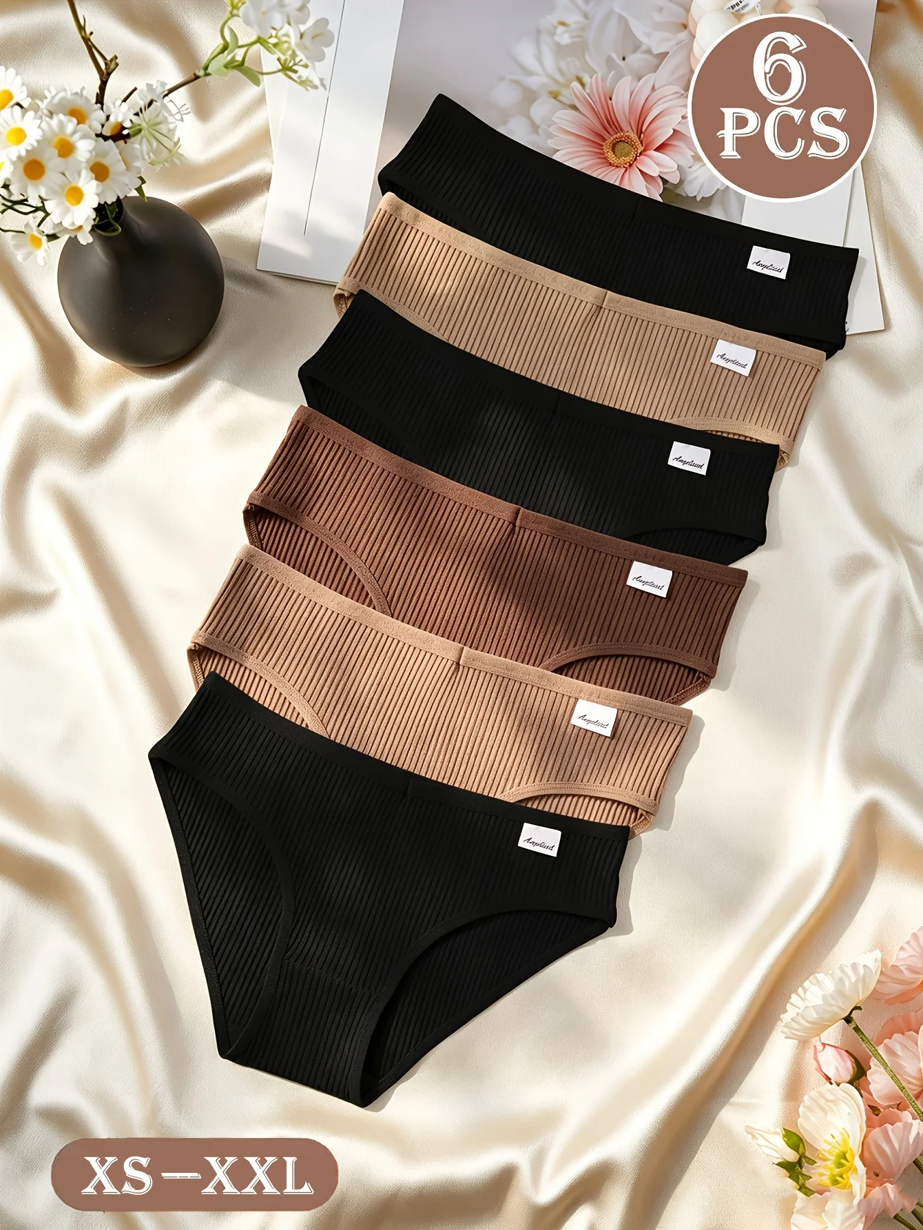 6-Pcs Women's Ribbed Mid-Rise Briefs, Soft Breathable Skin-Friendly Stretchy Panties, Seamless Comfort Everyday Casual Underwear