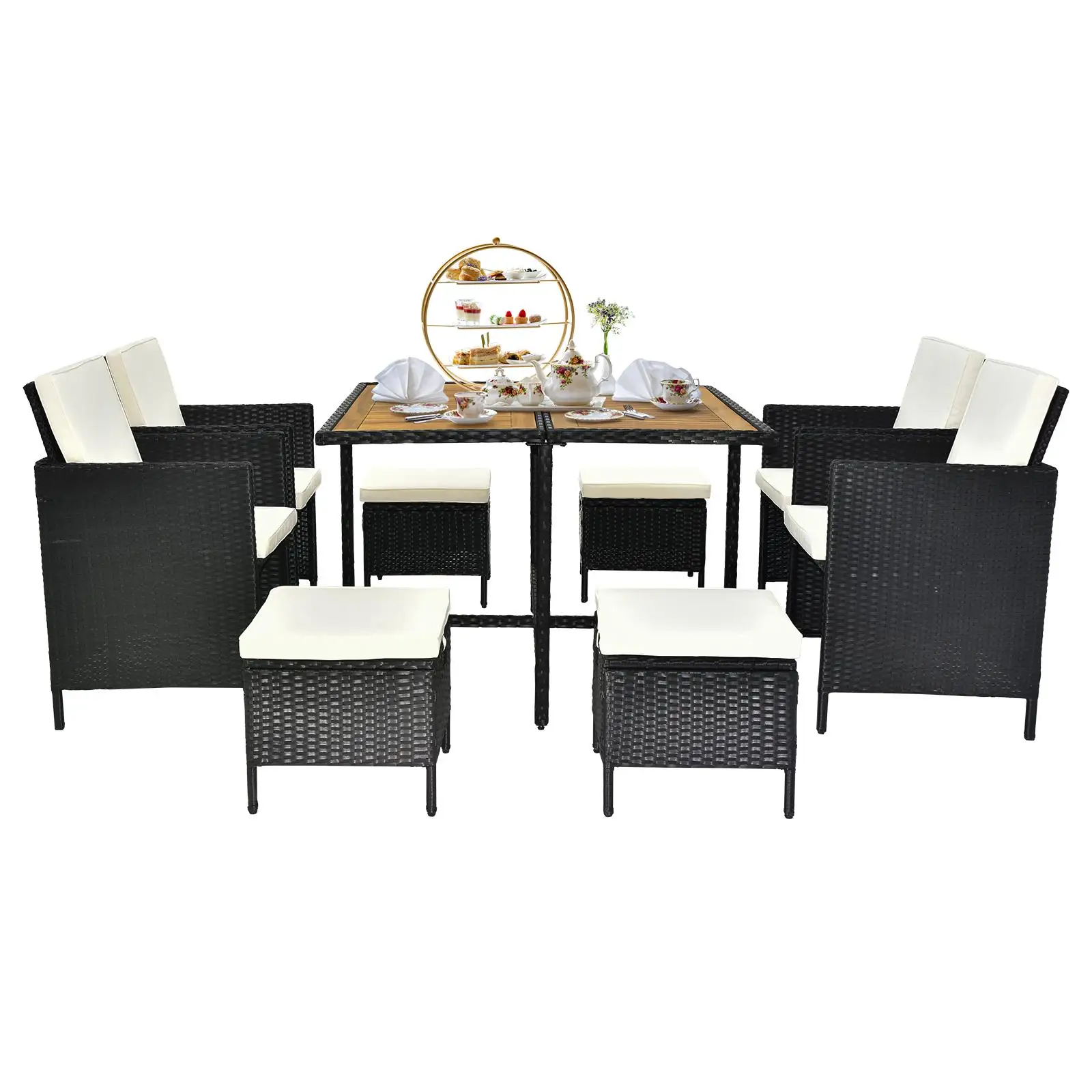 9-Piece Acacia Wood Outdoor Dining Set with Cushions & Wicker Chairs - Space-Saving Patio Furniture for garden & Poolside