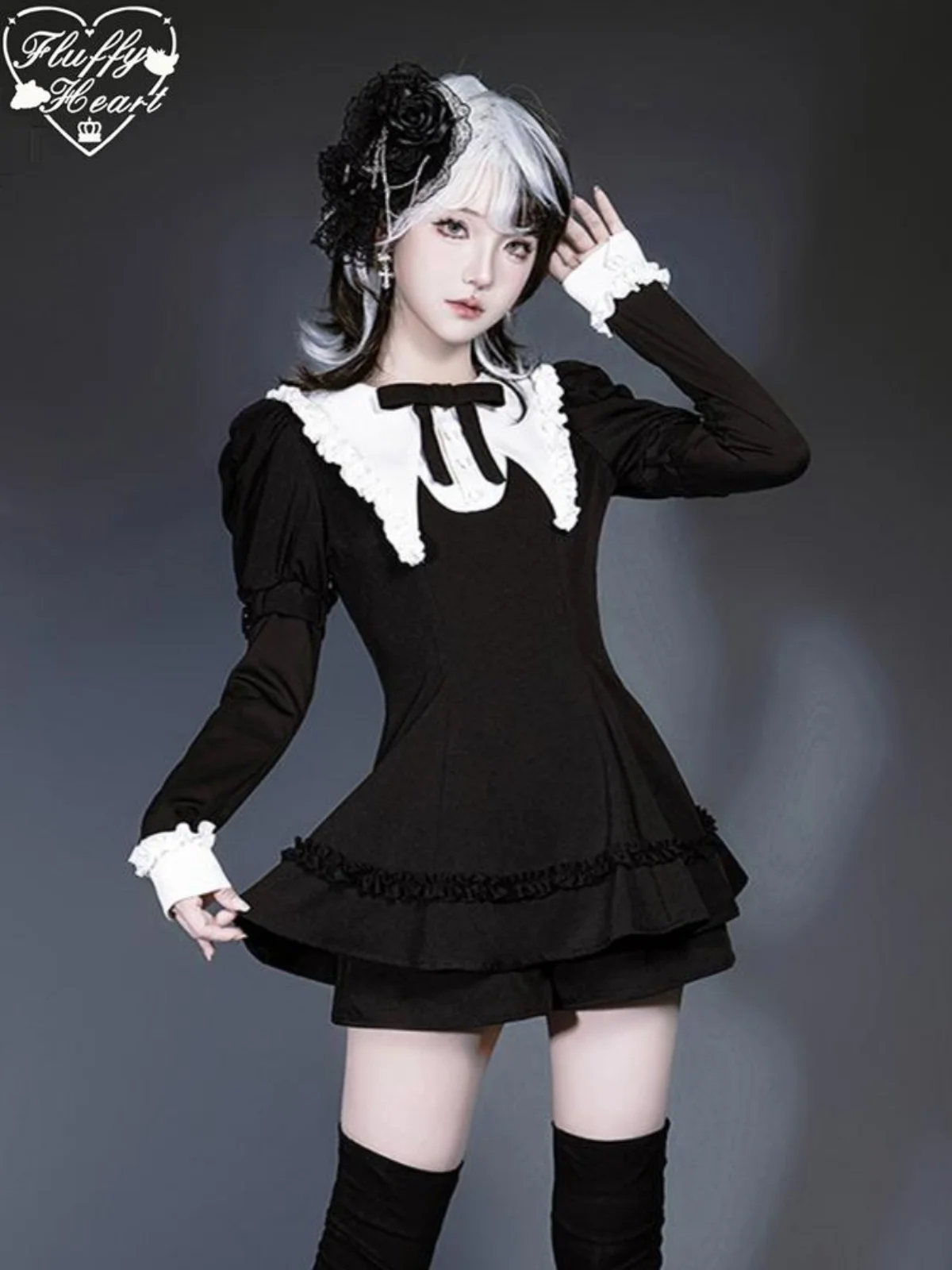 Halloween Witch Suit New Autumn Japanese Girl Womens Pointed Collar Black and White Striped Long Sleeve Dress Top and Shorts Set