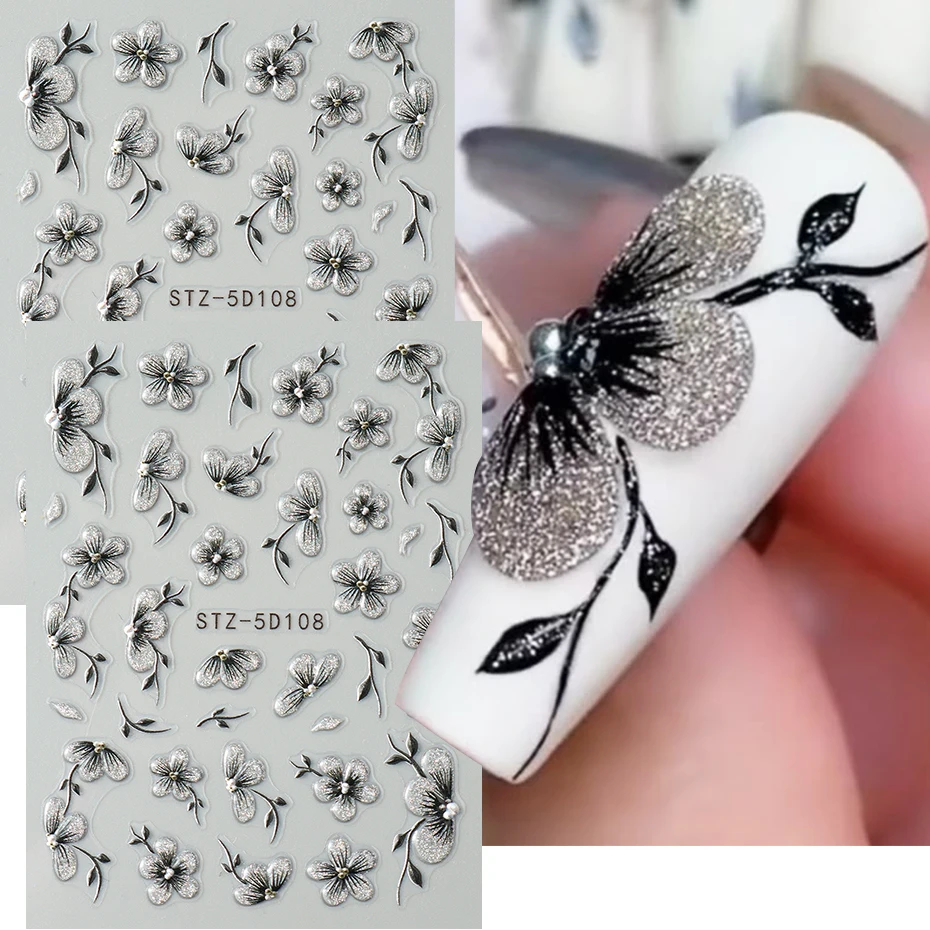 5d em relevo preto glitter flor arte do prego adesivos florescendo design floral decalques de unhas auto-adesivo silder diy manicure suprimentos