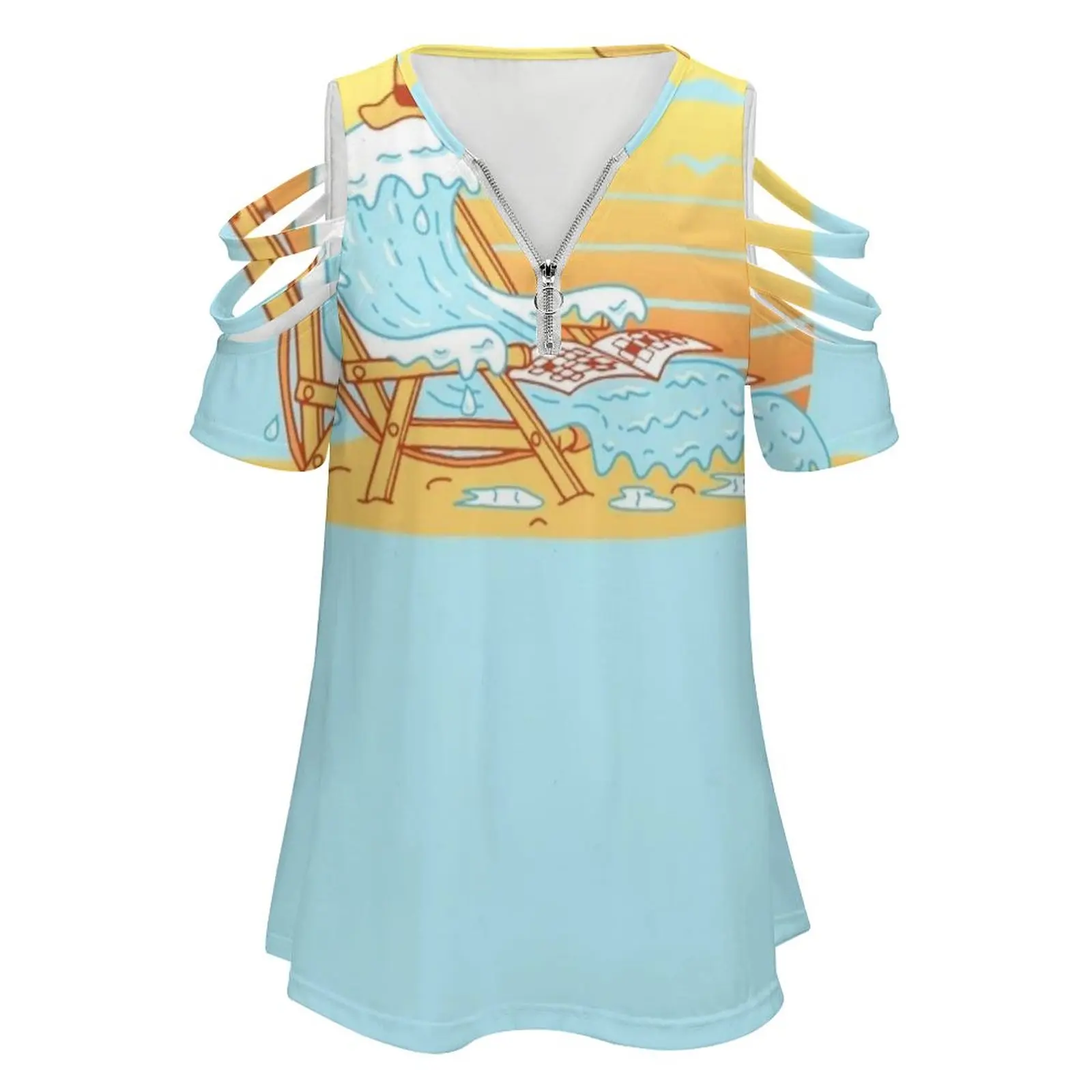 Wave On The Beach New Fashion Zip Off Shoulder Top Short-Sleeve Women Shirt Summer Cute Sun Wave Funny Gotoup Sea Beach