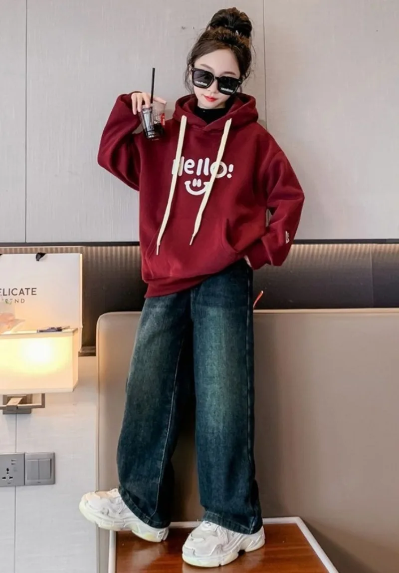 Girls No Hood Fleece-lined Thickened Hooded 2025 AW New Arrival Middle Large Kids School Girls Korean Style Versatile Top