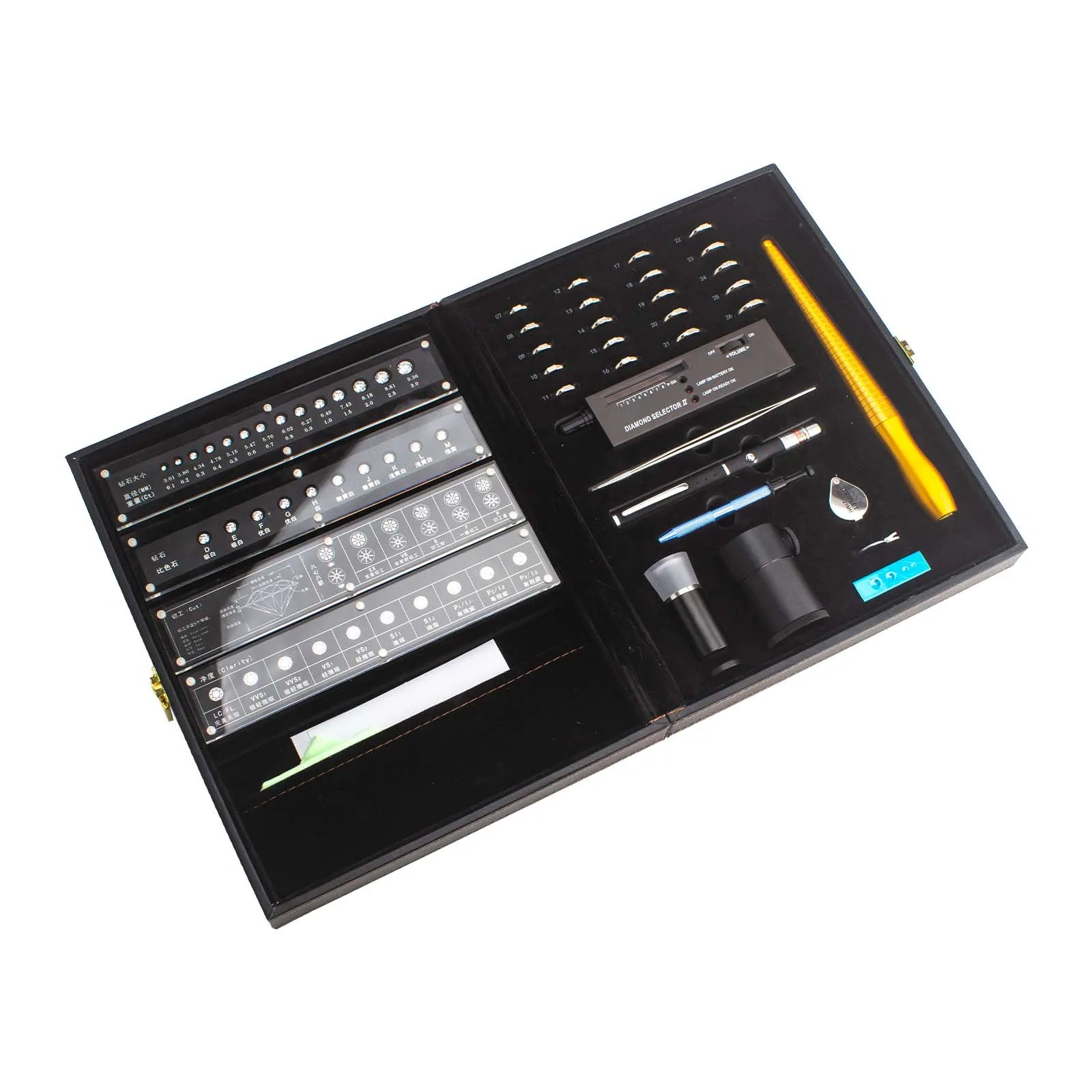 

Professional Diamond Test Kit 14-in-1 | Selector Pen & 30x Loupe | Ring Mandrel Gauge | Metal Jewelry Tools for Gemologist
