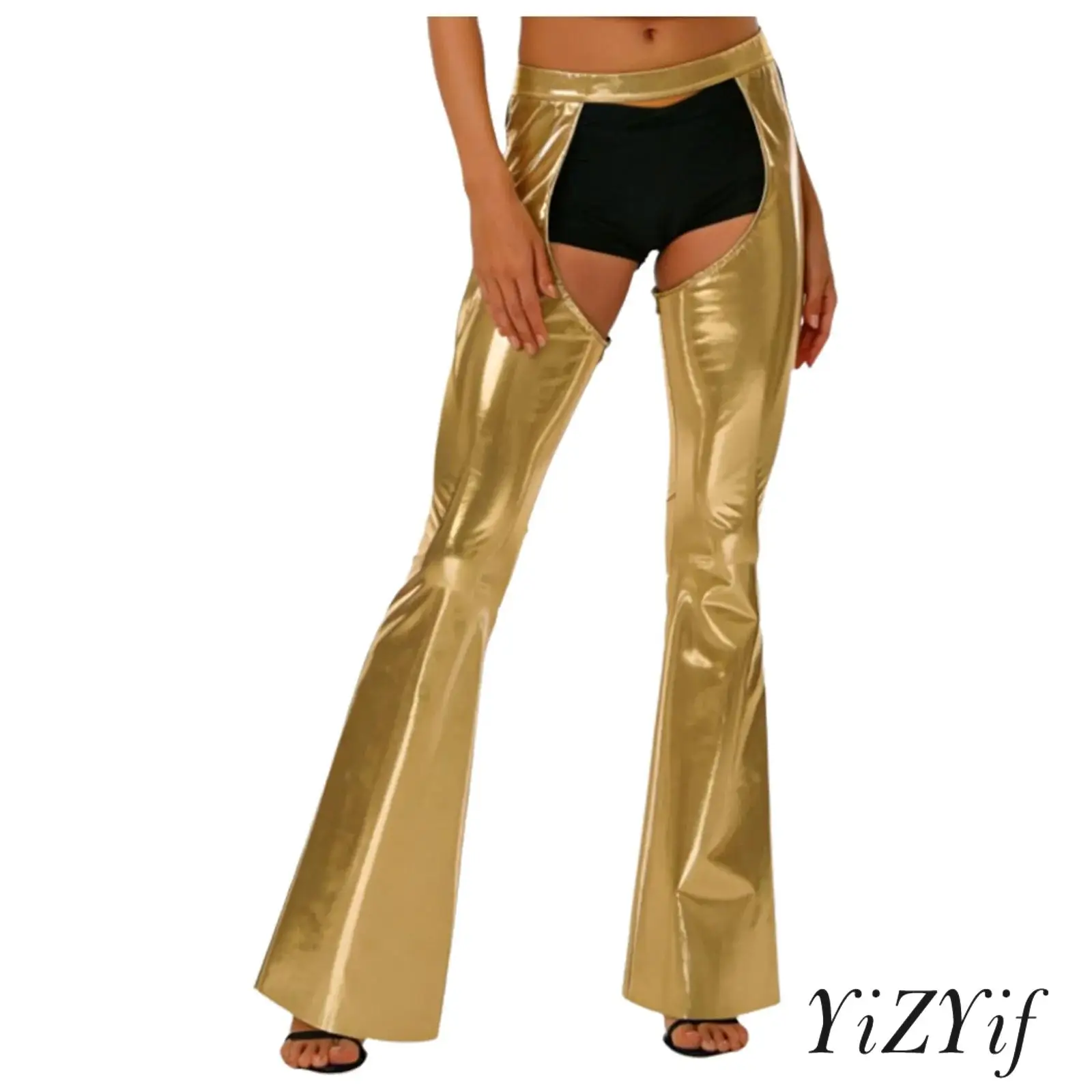

Womens Open Crotch Metallic Shiny Chaps Flared Pants Elastic Waistband Bell-Bottom Trousers for Club Party Stage Performance