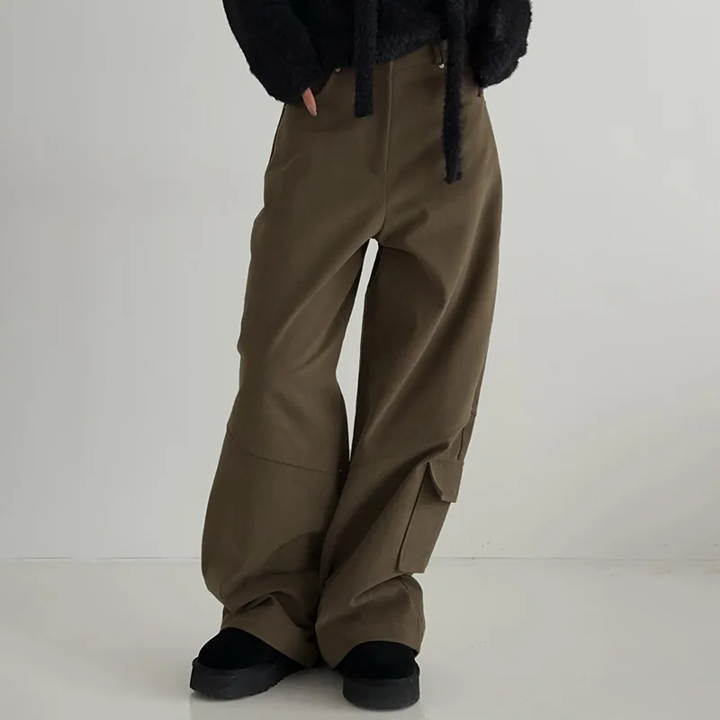 

Asymmetric Pocket Loose Straight Leg Pants for Women's Basic Solid Color Slim Woven Casual Pants