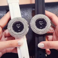 Luxury Women Watch Circle Crystal Black Dial Big Rhinestone Ladies Wrist Watches Female Silicone Strap Clock No Bracelet Reloj