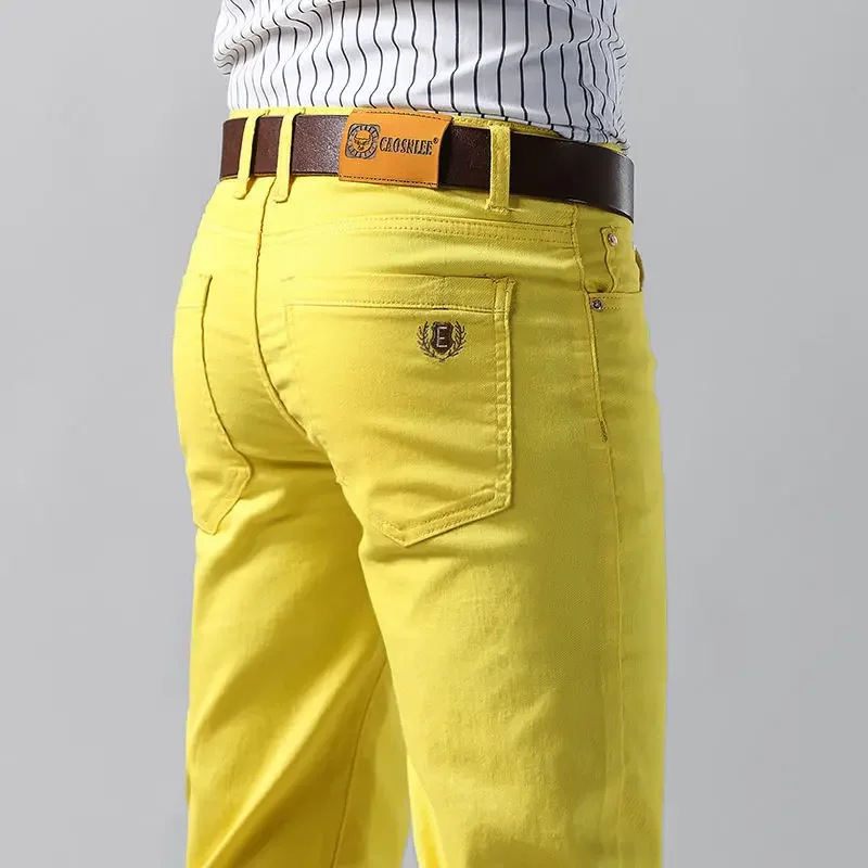 Pantalones vaqueros elásticos de mezclilla coloridos para hombre, 5 colores, elásticos, amarillo, rosa, rojo, ropa ajustada para hombre, pantalones vaqueros de negocios simples