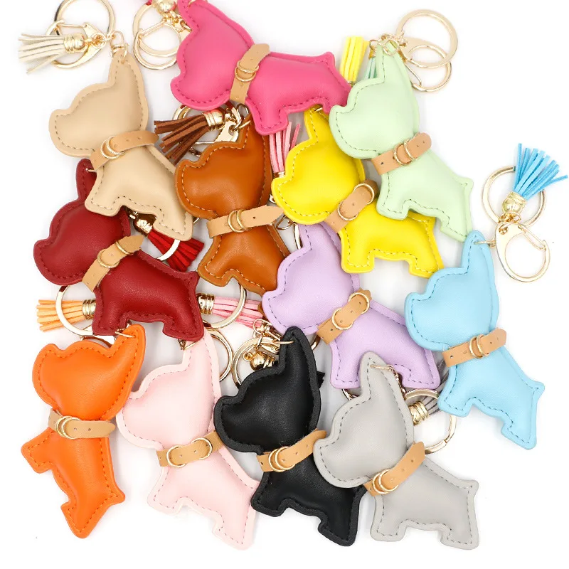 New Cute Car Key Chain Leather French Bulldog Puppy Car Key Chain Creative Gift Bag Pendant Ornament wholesale