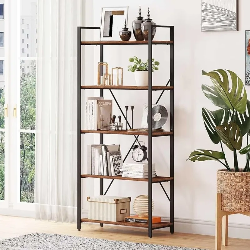 BON AUGURE Industrial Bookshelf, Etagere Bookcases and Book Shelves 5 Tier, Rustic Wood and Metal Shelving Unit (Rustic Oak)