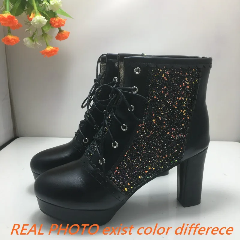 REAVE CAT Fashion Women Ankle Boots Round Toe Block High Heels 9cm Platform 2cm Glitter 46 47 48 Party Booties