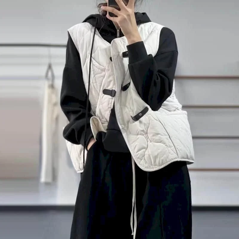 

Pop Solid Waistcoat Women O-neck Lightweight Cotton Added Vests Korean Style Vintage Rhombic Sleeveless Quilted Cardigans Women