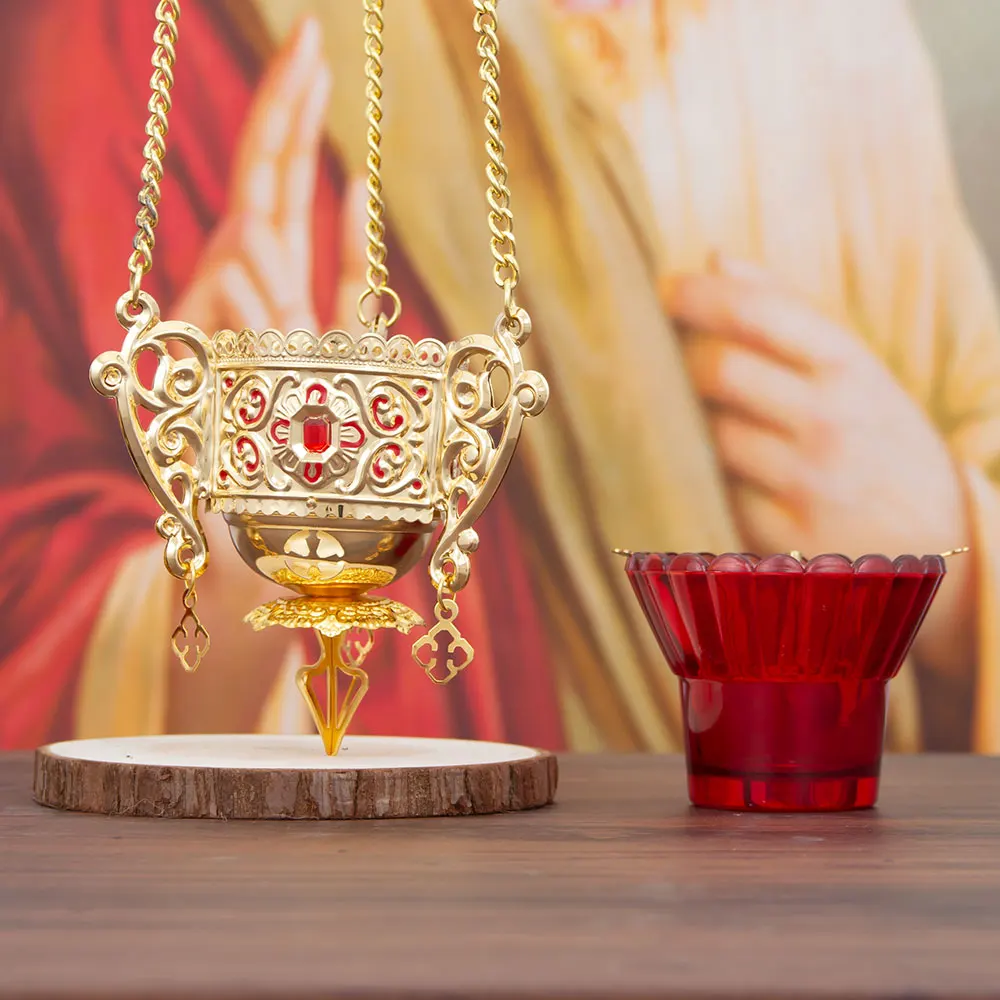 HTISOK Antiker Goldener Kirchen-Weihrauchbrenner mit Karmesinglas-Schale, Vintage-Ritualartefakt, Meditationsbrenner, Sammlerstück für die Altardekoration – Detail 10