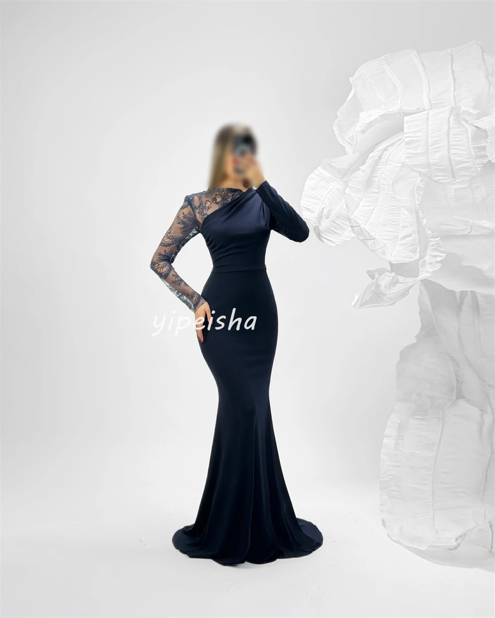 تخصيص أنيقة كلاسيكية جيرسي الدانتيل Ruched حورية البحر مغرفة الرقبة فساتين طويلة فساتين مناسبة مخصصة الأحجام المتاحة الرسمية