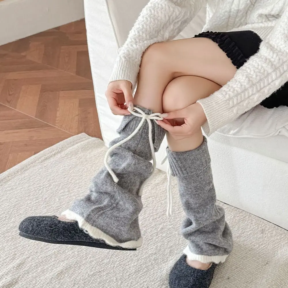 

Solid Color Y2K Lace Up Leg Warmers Sweet Ballet Flare Women's Plush Stockings Loose Hosiery Knit Banding Leggings Women