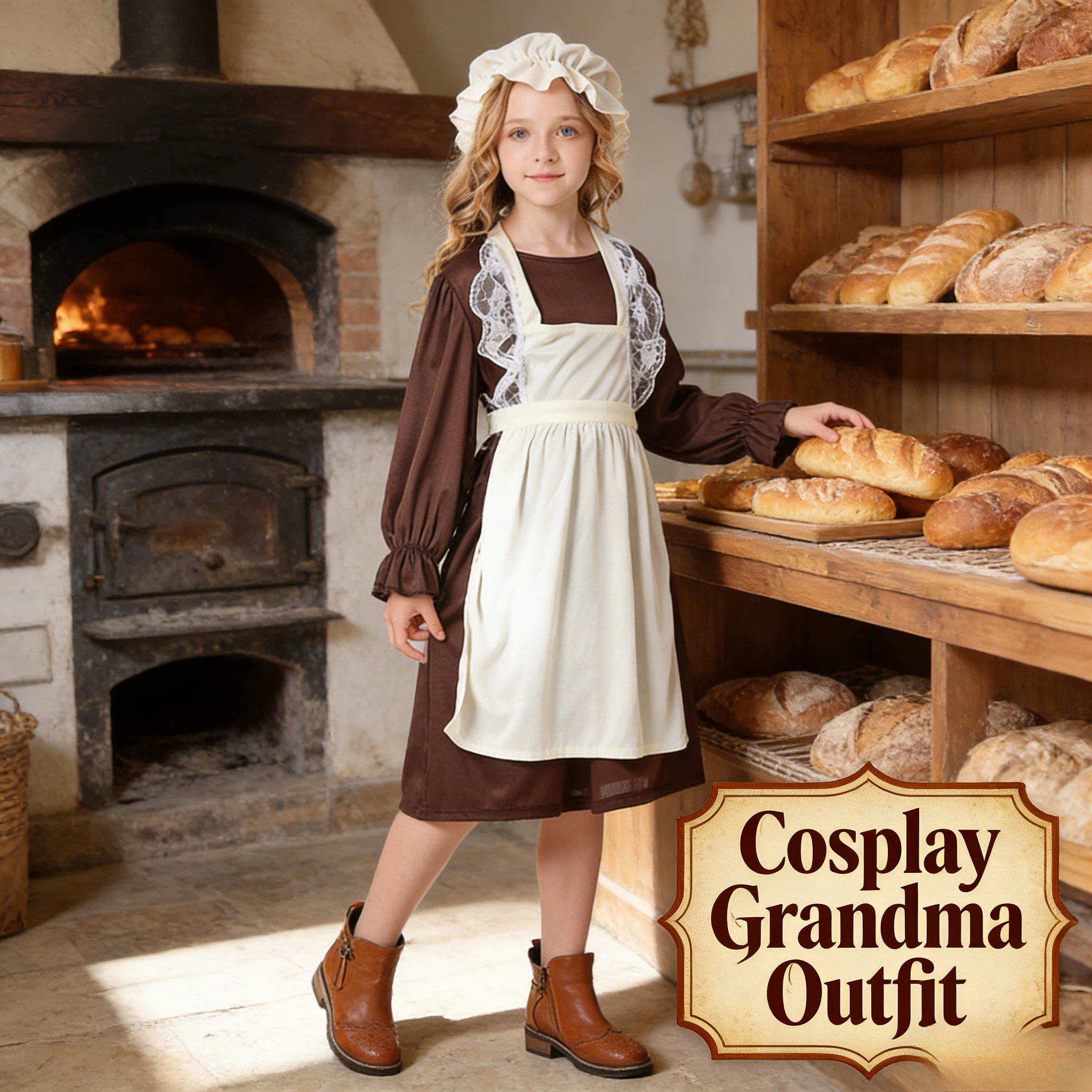 Kids Medieval Peasant Costume European Colonial Poor Outfit Cosplay Old Lady Dress for Children Halloween Stage Performance Wear