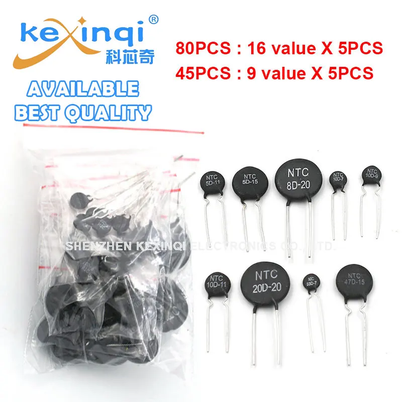 

45/80PCS NTC Thermistor Resistor Kit Set 5D-11 5D-15 8D-20 10D-7 10D-9 10D-11 20D-20 33D-7 47D-15 5D-7 5D-9 9/16 value X 5PCS